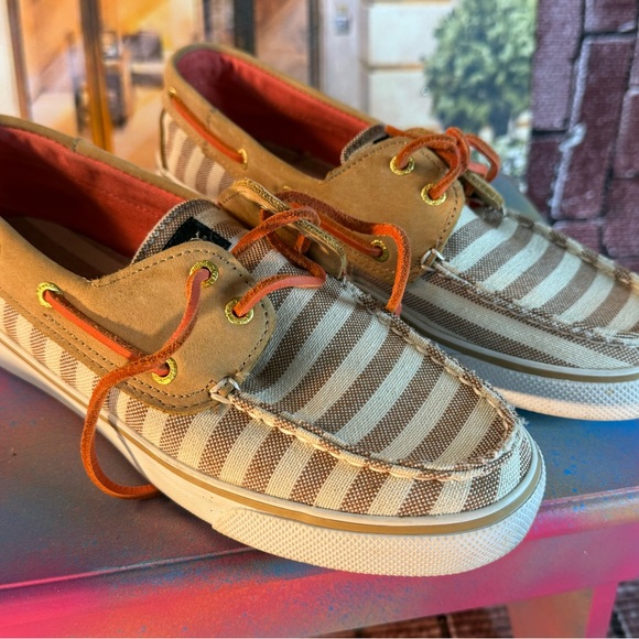 Sperry Tan and Brown Striped Women's Boat Shoes - Picture 1 of 7